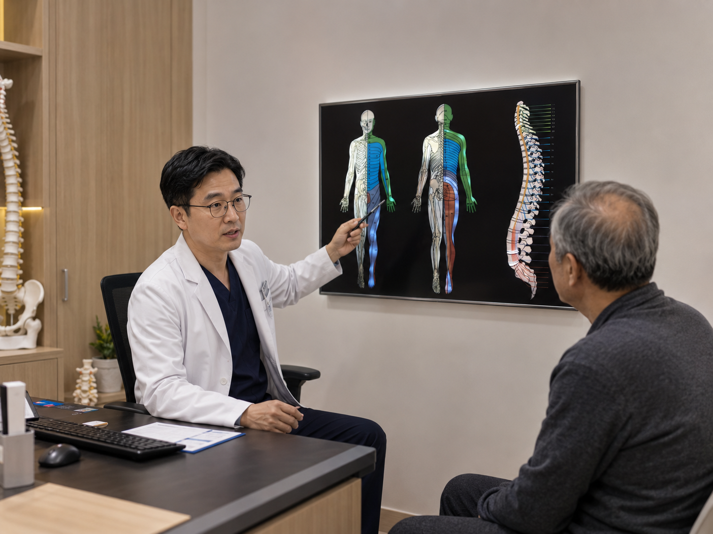 페인싸인보드(LED 척추신경계통도) 을 활용해서 환자에게 설명하는 진료실내 모습 (의사, 환자) (남자의사)