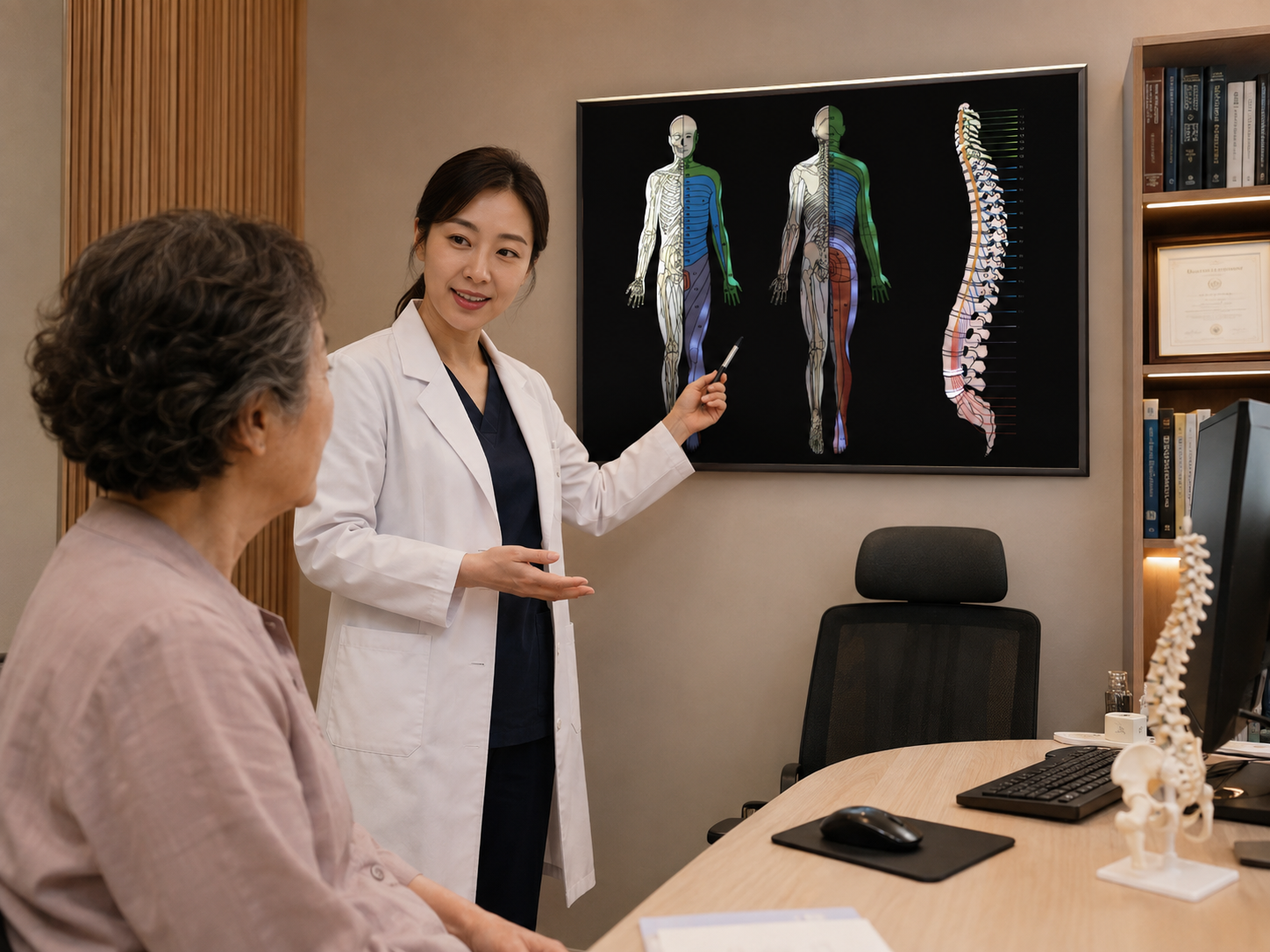 페인싸인보드(LED 척추신경계통도) 을 활용해서 환자에게 설명하는 진료실내 모습 (의사, 환자) (여자의사)